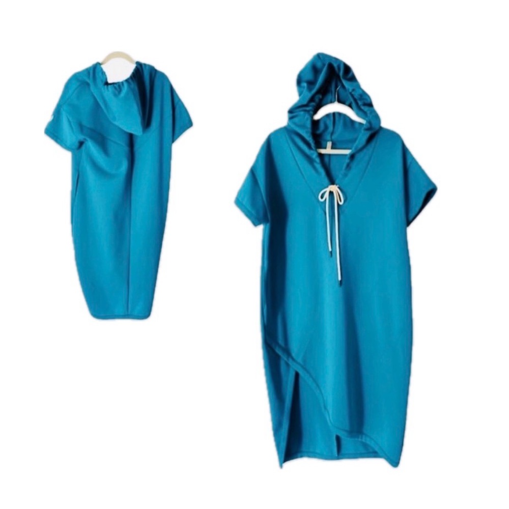 Rare‼️ Free People Midi Asymmetrical Neoprene Teal Hooded Dress